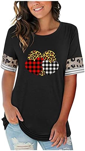 Летни Дамски Празнични Върхове на Свети Валентин, Тениски с изображение на Сърце Любов, Клетчатая Леопардовая Тениска С Къс Ръкав,