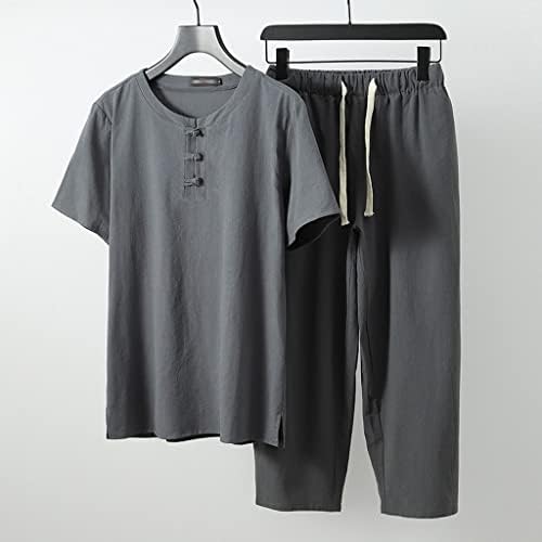 Лятна бельо тениска и панталони, Мъжки ризи в китайския стил, костюм от епохата на Тан с къс ръкав, Реколта блузи (Цвят: Сив, Размер: 5X-Large)