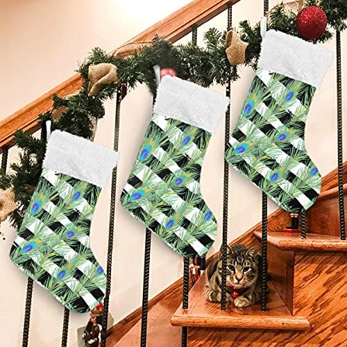 Коледни чорапи ALAZA, 18 инча от зебло с Големи Паун с пера в ивица и Плюшени Чорапи с белезници от изкуствена кожа, за
