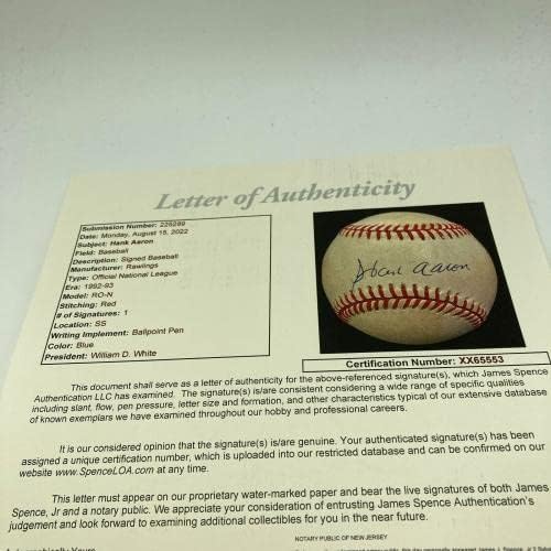 Nays Ханк Аарон е Подписал Официален договор в Националната лига Бейзбол JSA COA - Бейзболни топки с Автографи
