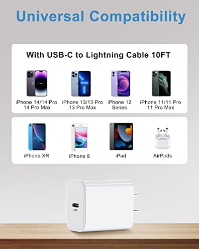 Бързо зарядно устройство за iPhone 14 13 12 11 [Сертифициран от Apple Пфи], 2 комплекта Apple Fast Charger, кабел USB-C-Светкавица дължина от 10 фута, с монтиране на зарядно устройство, USB C ?