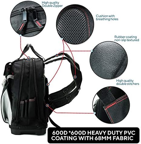 Раница за тежки инструменти TradeGear с повишено дъно - Водоустойчива чанта за инструменти с покритие от PVC, има мека подкрепа на гърба, дишаща материя, няколко отделени?