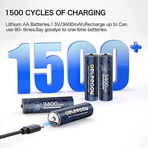 Deleepow Акумулаторни Батерии тип AA Литиеви USB 1,5 3400 МВтч Литиеви Батерии тип AA с кабел USB-C 1500 Цикъла 4-Pack