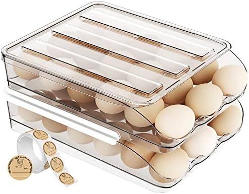 Lenwi Титуляр за яйца с голям капацитет за хладилник с 48 етикети датата, Кутия за съхранение на пресни яйца, Автоматична Закатка с капак,
