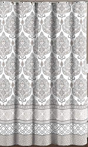 Завеса за душ от сиво-сиво-бяла кърпа: Дамаск в цветенце с геометрична кант (Дариън)