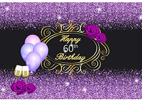 DORCEV 8x6ft Фон С 60-годишнината От Рождението на шестдесет годишен Партита, Декорации за 60-годишнината, Фон за Снимки, Лилави Цветя Блестящи Точки, Банер За Парти с шампа