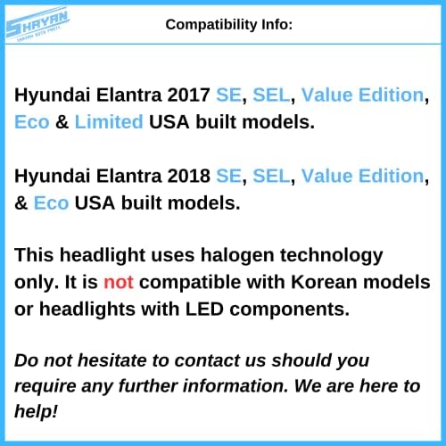 Авточасти Shayan | Фар за Hyundai Elantra 2017-2018 | От страна на водача / Лявата страна | Модел на САЩ | Халогенна Светлина | Готови Черна Лява / От страна на водача