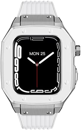 CNHKAU за Apple Watch Band Series 8 45 мм Мъжки корпус за часа от сплав 44 мм 42 мм Луксозни Метални, Гумени Аксесоари за часовници е от Неръждаема Стомана за iWatch Series 7 6 5 4 SE Калъф (Цвят: