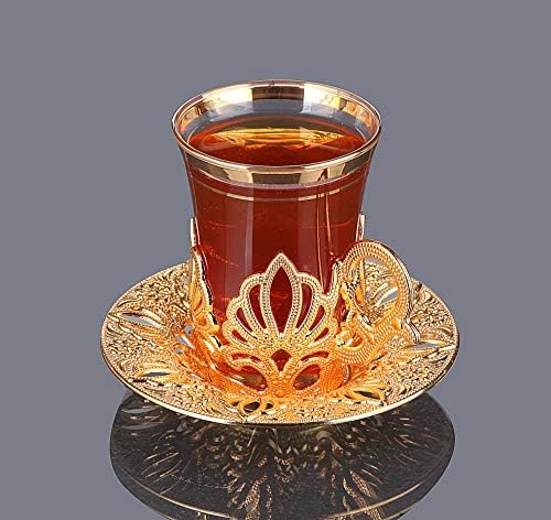 Турски Чай LaModaHome /Турски Чаени чаши от 6 броя с Притежателите на Сребърни и Чинии - Необичайна Ретро Стъклен Чай Комплект Ръчно изработени