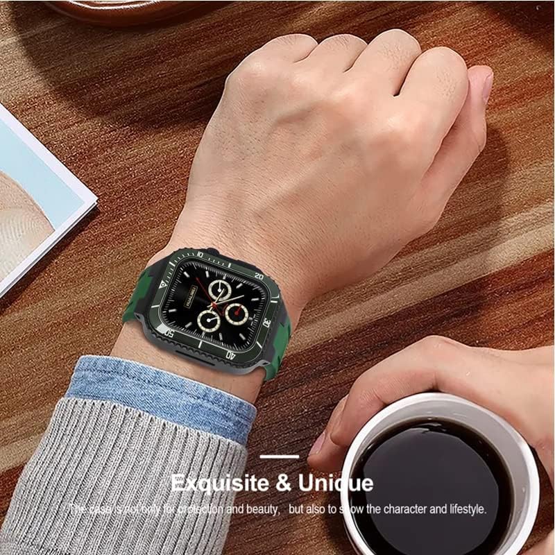 VEVEL Модифицирующий комплект Каишка за Apple Watch Band 45 мм 44 мм Метален корпус + керамична Броня Моден Комплект Калъф за iWatch 8 7 6 5 4 SE Гумена каишка (Цвят: 10 мм Златна закопча?