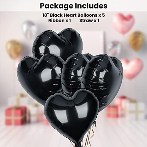 Опаковка от 5 Черни Балони във формата на Сърца, 18 Инча Балони Балони във формата на сърца, Гелиевые Балони във формата