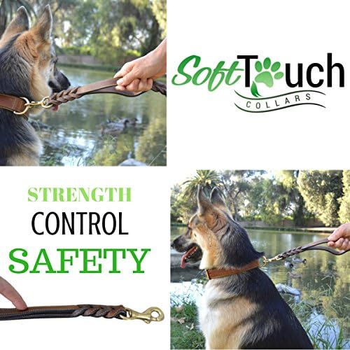 Вратите Soft Touch, 6 Фута Сплетен Кожена каишка за кучета с дръжка за движение, две дръжки за дресура и сигурност, двоен контрол