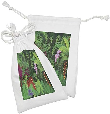 Комплект от 2 Мешочков от плат Лунните джунгла, Гори на Амазонка с Прясна Зеленина, Цветя в Карикатура стил, Тематично изображение на Околната