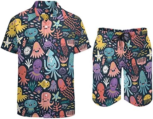 Забавен Октопод Мъжки Плажни Дрехи от 2 теми Хавайска Риза с копчета с Къс ръкав и къси Панталони, Костюми