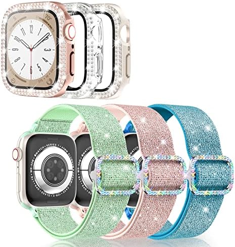 Комплект женски ремъците и седалките LETOID Apple Watch, съвместим само с iWatch 41 мм, 3 опаковки Еластичен нейлонового спортна каишка-линия с блестящ бриллиантовым покритие о
