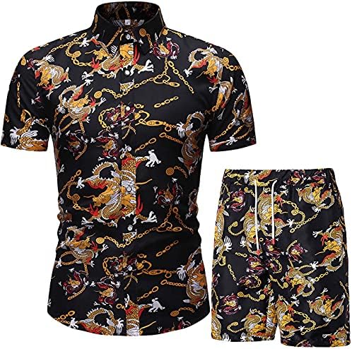 iiniim Мъжки Хавайска Риза с къси Панталони Комплект Aloha Цветен Принт Ежедневни Плажни Ризи с копчета Костюми