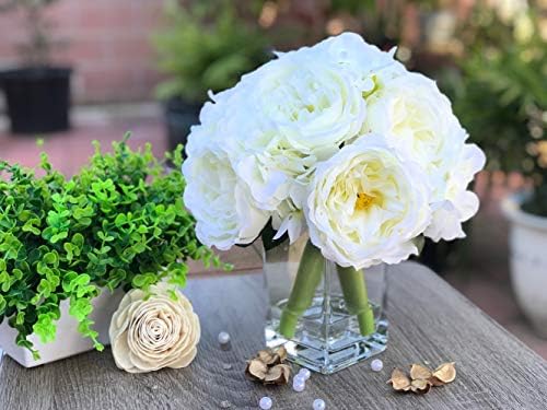 Начална Аранжировка от Изкуствени цветя с Божур и Гортензией Enova Home в Прозрачна Стъклена Ваза за Домашно Сватбена украса (Кремав)