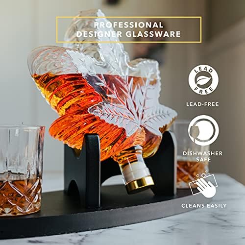 Гарафа за уиски Dragon Glassware, Луксозен бар на съдове за вино, бърбън, алкохол и уиски, идва с две стъклени бокалами по 7 грама и стойка, опаковка премиум-клас за подаръци,