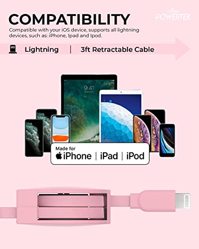 LIQUIPEL Powertek Выдвижное Зарядно устройство, Сертифицирано Пфи, Съвместимо с Apple iPhone, iPad, Кабел с дължина 3 метра, Кабел Lightning-USB кабел, Кабел за бързо зареждане Lightning (Розов