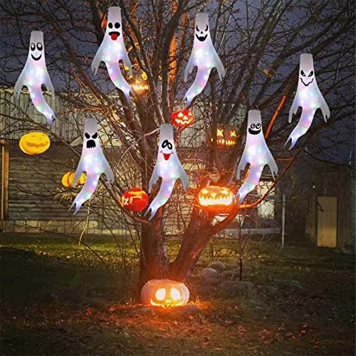 Kukeyiee Ветровка с Духове на Хелоуин, Светещи Висящи гирлянди от Духове къща на батерии, Висящи Украси за Хелоуин на Открито за декор на двора на Хелоуин.