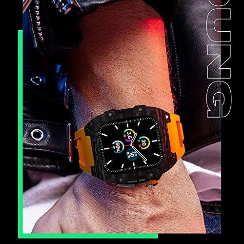 CNHKAU Луксозен калъф от въглеродни влакна, набор ленти за Apple Watch 7 6 5 4 se, каишка от каучук, комплект промяна на ръба на Направи си сам за iWatch 44 мм 45 мм (Цвят: бял rg, размер: