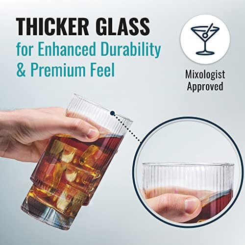 Ökabode POURMOI Висока Оребрена стъклена посуда 4 опаковки по 11 грама [Допълнителни 4 стъклени епруветки + 4 маркера] Дебела Реколта Стъклена Посуда Оребрени Чаши за пиене |