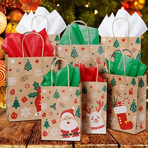 36 БР. Коледни Подаръчни Пакети от Цигарена хартия, Коледни Пакети с Различен размер, с дръжки, 8 крафт Дизайн-пакети за Коледни