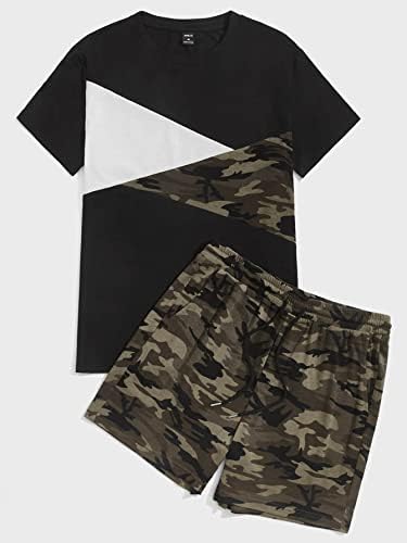 NIBHZ Комплект дрехи от две части за мъже, тениска с цветен блок и камуфляжным принтом и спортни шорти (Цвят: многоцветен, Размер: XX-Large)