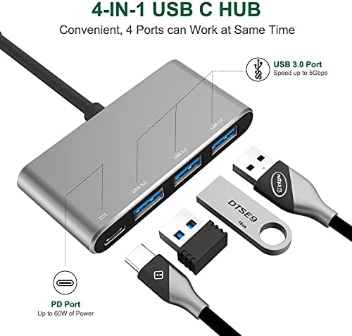 Хъб USB C, многопортовый адаптер 4 в 1 USB Type 3.1-C с 3 порта USB 3.0 и зареждане PD капацитет 87 W, съвместим с MacBook