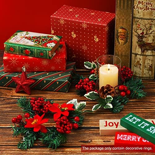 Комплект от 8 Коледни Свещници Пръстени за Коледни Свещи от Бери шишарката Пръстени за Свещи от Червена коледна звезда Пръстени За Свещи Мини Коледни Свещници Коле