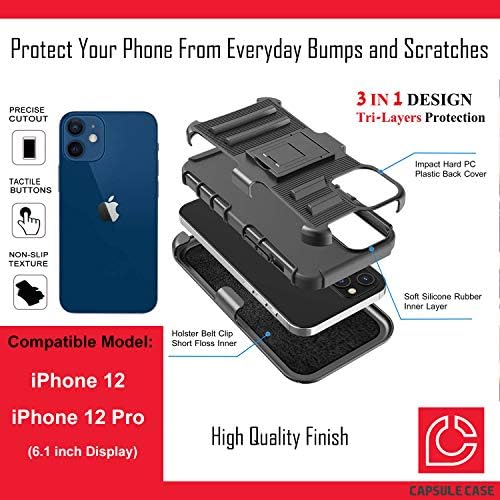 Калъф Ohiya е Съвместим с iPhone 12 [Защита от военен клас, Ударопрочная Сверхпрочная кобур-стойка, Защитен Черен калъф за iPhone