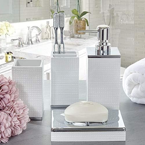 Комплект аксесоари за баня Creative Scents-White - Комплект за баня от 4 теми със сребърна основа - Декоративен Набор от
