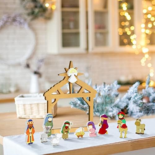Queekay 13 бр., малък Коледен Детски рождество сцени, Дървен комплект, Мини-Коледен комплект за хора, Декорация във формата на Първата
