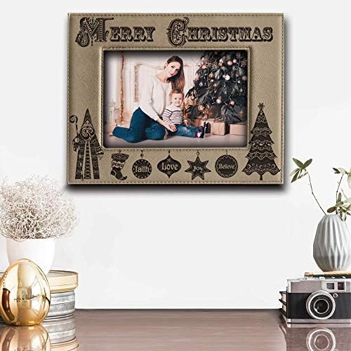 BELLA BUSTA -весела Коледа - Радост-Мир-Любов-Вера-Believe - Кожена рамка за снимки с надпис за семейството, Приятел (5 x 7 хоризонтално)