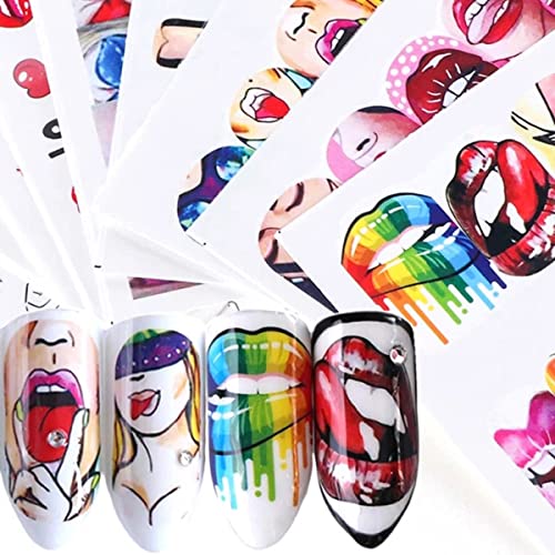 9 Листа Стикери за дизайн на ноктите Лошо момиче, Сексуална Етикети За Пренос на Вода за Нокти, Червени Устни, Език, Романтична