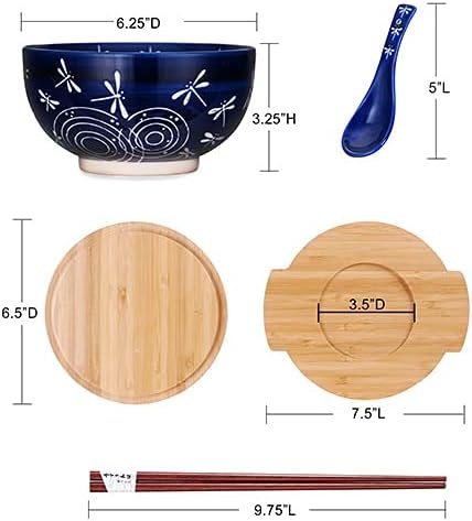 Керамични Японската Купа с Суповой лъжица, Пръчици за Юфка, Бамбук Капак и поставка, Съдове за готвене в Ретро стил, Комплект от 5 теми
