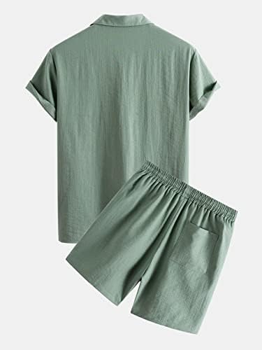 Мъжко облекло от две части, Мъжка риза с заплатками на джобовете и къси Панталони с завязками на талията (Цвят: мятно-зелен, Размер: Голям)