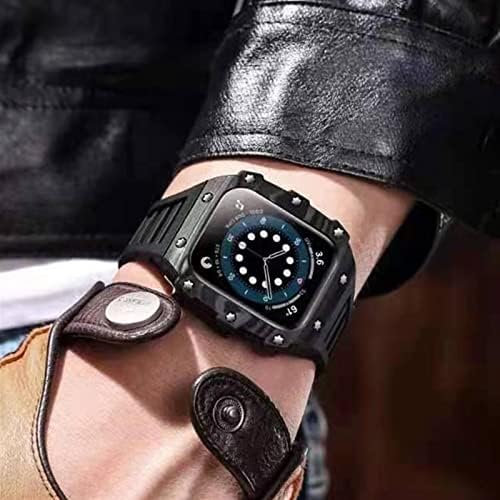 CNHKAU Калъф, изработени от въглеродни влакна за Apple Watch Модификация каишка 7 45 мм 44 мм 41 мм Керамичен Bezel каишка от Каучук Комплект модове за iWatch Series 6 SE 5 (Цвят: карбон WR, р