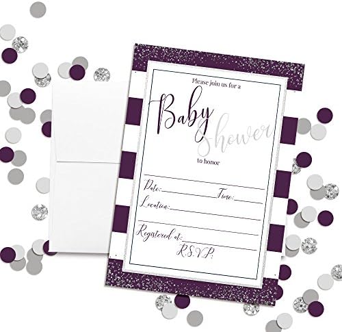 Пурпурни и сребърни покани за участие в детски душ за момичета. 20 Картички с размер 5 x7 с двадесет и бели конвертами от AmandaCreation