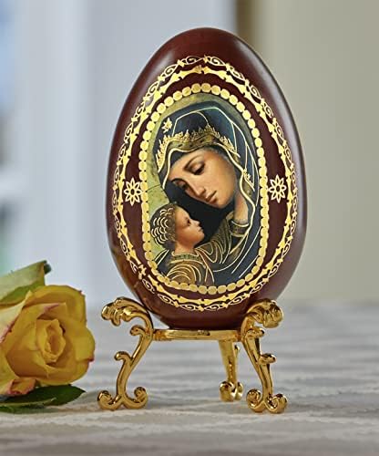 Needzo Иконата Мадона с Младенеца Яйце Дървена Католическата Православната християнска Икона на Дева Мария, със Златна Метална Поставка за яйца 5 1/2 инча, Религиозен П