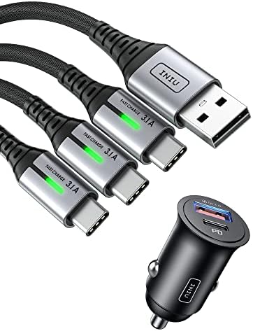INIU [3 опаковки] USB Кабел C 3.1 A и зарядно за кола INIU [USB C 30 W + 30 W USB A] 5A QC 3.0 PD за бързо зареждане