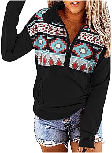 Жена пуловер с цип с една четвърт, ежедневни hoody в цвят блок, реколта върхове с принтом на дълги ръкави и джобове