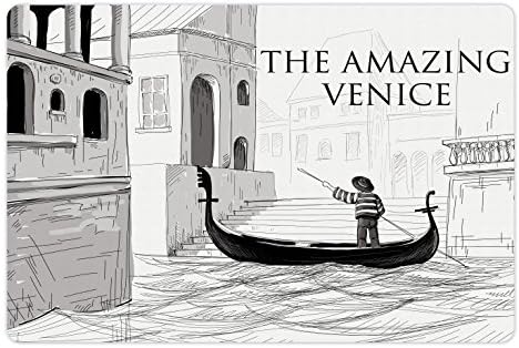 Подложка за домашни любимци Ambesonne Venice за храна и вода, Скица исторически европейски град Каналите на Венеция, Гондолиер на водата, Нескользящий Гумена подложка за к