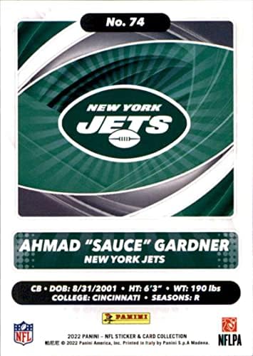 Карта-стикер Панини NFL 2022 74 Ахмад Сос Гарднър Футболна карта начинаещ Ню Йорк Джетс