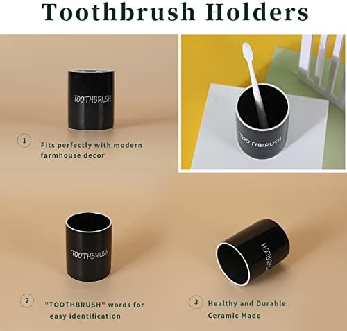 Керамични Държач за четка за зъби за Тоалетка масички и Плотове в банята, Селска Титуляр за почистване, Лесно Почистване и Многофункционално Съхранение (Черен)