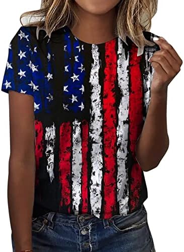 Дамски Летни Върховете на 4 юли, Тениска с къс ръкав в стил Ретро със Звездна принтом САЩ и ивици, Всекидневни Свободен Пуловер