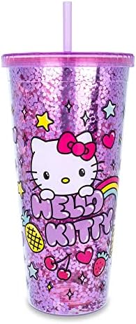 Сребърен Пластмасов Кралят Чашка за студено за Пиене Buffalo Sanrio Hello Kitty Rainbow Confetti, Пътен Чаша С Херметически капак и Соломинкой Многократно 32 Грама