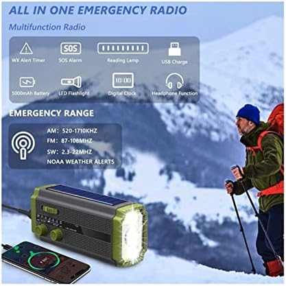 Преносимо Аварийно Ръчно радио PURRRE, Мултифункционален Слънчево радио AM/ FM /NOAA с Капацитет 5000 mah, с led фенерче, лампата за четене, SOS аларма, USB-зарядно устройство за дом