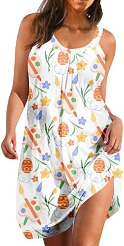 AIZONGK Женствена рокля-риза с шарени яйца заешко без ръкави, рокля с кръгло деколте, с плажна рокля, сарафан-люлка в стил бохо