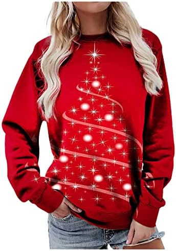 Дамски Лъскава Тениска с изображение на Коледната Елха, на Ежедневните Свободни Горнища С Кръгло деколте и Дълъг Ръкав, Весели Коледни